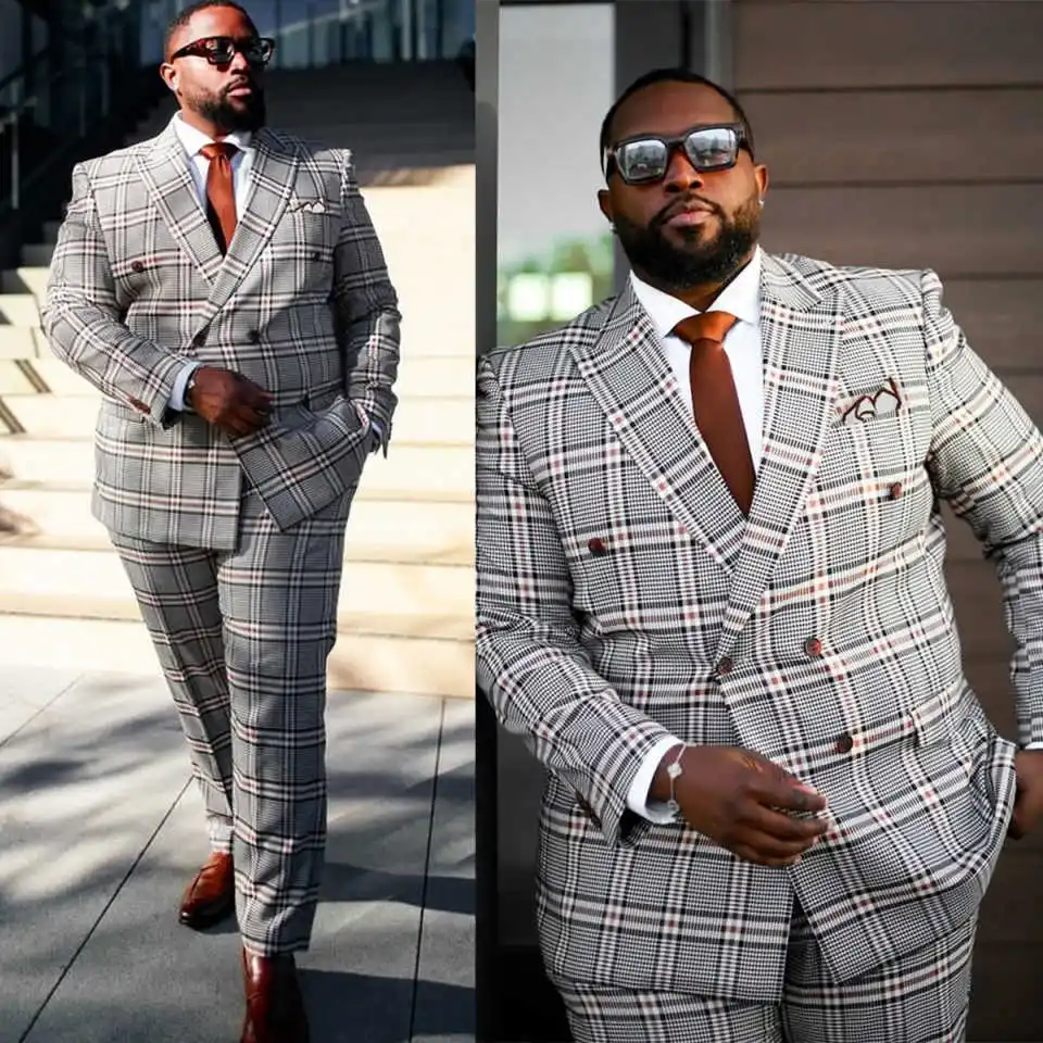 Plus Size Wedding Tuxedos Check 2 Pcs Jacket Pants Men Suit Fashion Peaked Lapel Groom Evening Party Blazers Customized