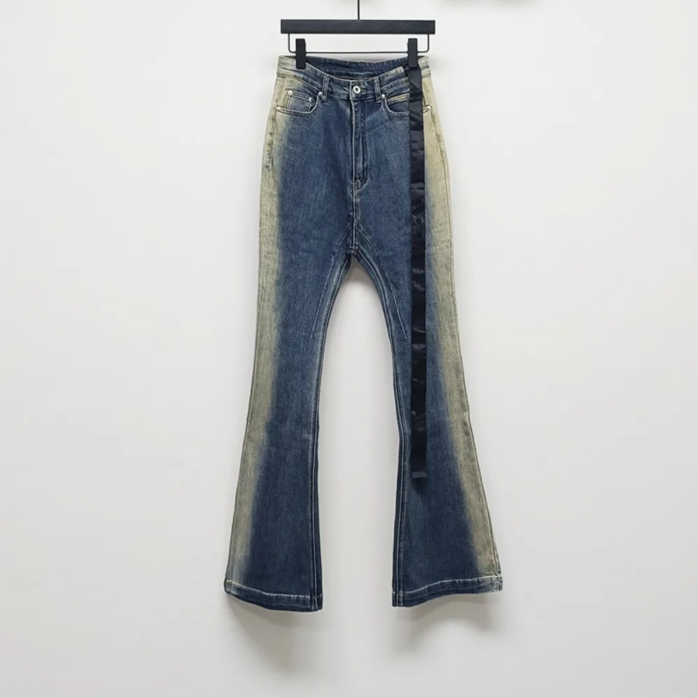 High Street Pants RO Style Jeans Men's Washed Gradient Blue High Stretch Mopping Casual Micro Horn Tight Slimming Denim Pants
