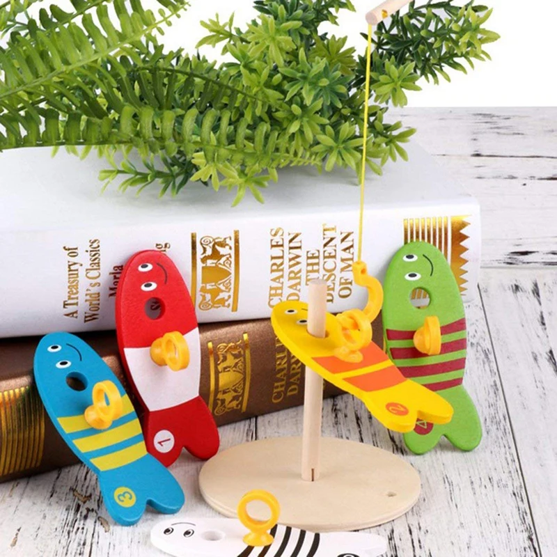 8Pcs/Set Wooden Fishing Digital Toys Baby Kids Fish Set Column Blocks Game Children Cute Early Educational Cartoon Toy