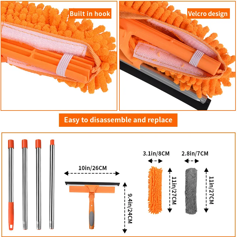 أداة تنظيف منزلية 2 في 1 من الفولاذ المقاوم للصدأ بمقبض طويل لتنظيف النوافذ الزجاجية