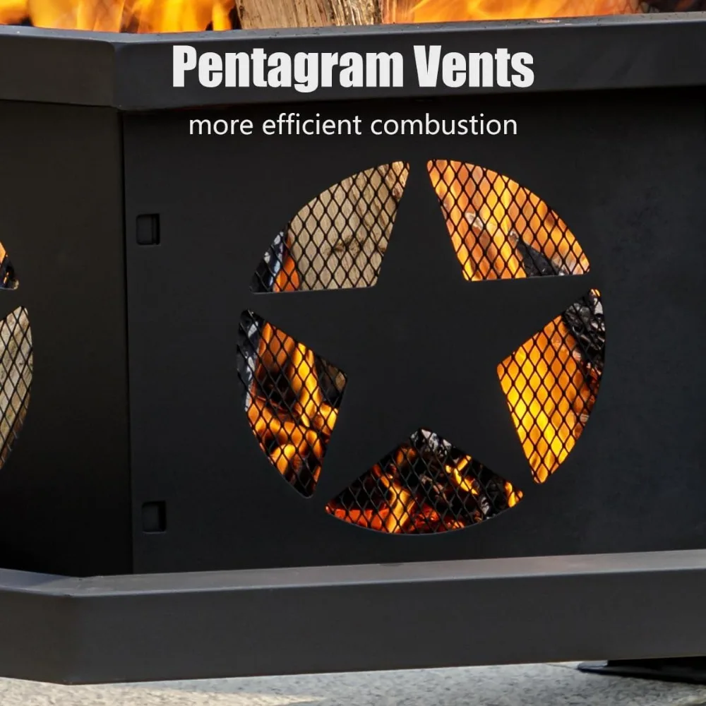 Fire Pit for Outside, Heavy Duty Wood Burning Fire Pits with Fire Poker, Outdoor Octagonal Firepit for Camping