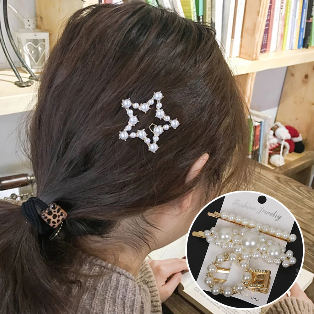 3pcs/set Pearl Alloy Hair Clip Hollow Out Metal Golden Hairpin Non-slip Geometry Barrette Hair Accessories For Women Girls