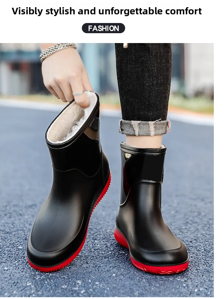 أحذية مطر رجالية كبيرة الحجم مقاومة للماء ومضادة للانزلاق مبطنة بالفرو أحذية شتوية دافئة مريحة من المطاط المقاوم للماء #1