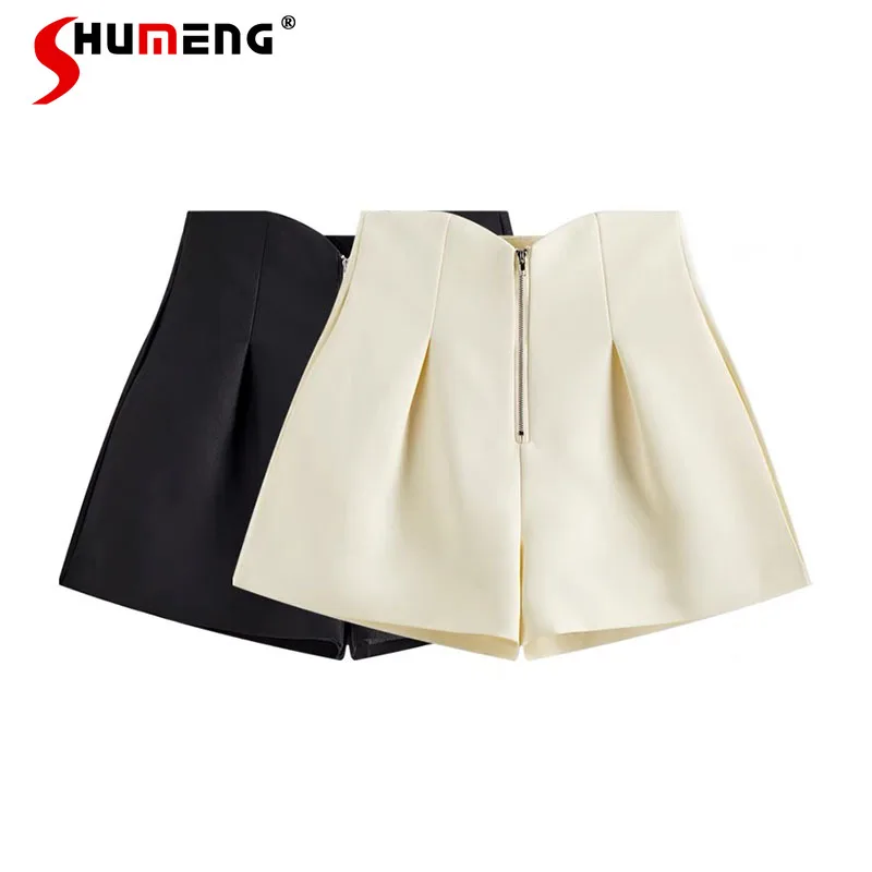 

European Station 2023 Spring Summer New Fashion Zipper Pleated A- line Wide Leg Pants High Waist Casual Slimming Shorts Women