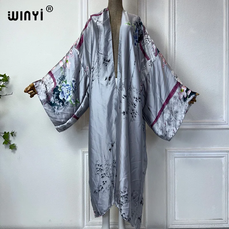 WINYI summer kimono Africa print beach wear women Swim Suit elegant African women boho Cardigan sexy Holiday silk feeling dress