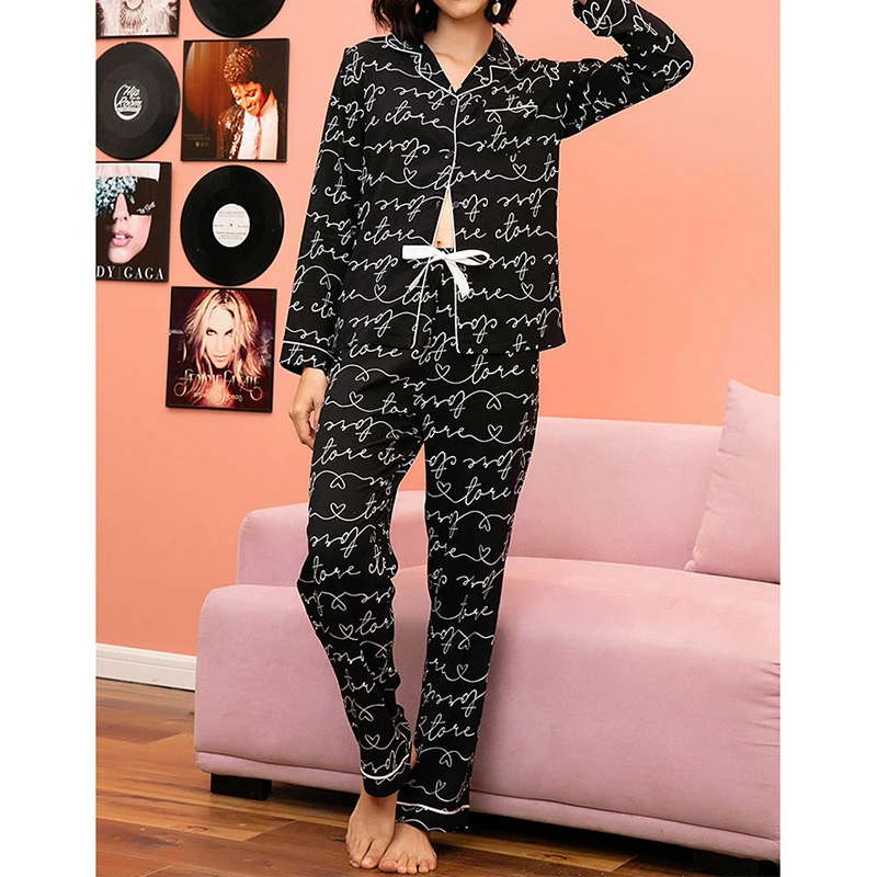 

Autumn Letter Printing Cardigan Long-sleeved Tops&Long Pants Trousers Sets 2Pcs Women's Pajamas Sleepwear Nightwear Home Clothes