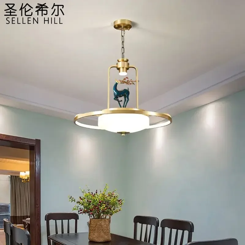 New Chinese living room chandelier simple dining hanging modern enamel bedroom Chinese style creative Zen dining room lamp