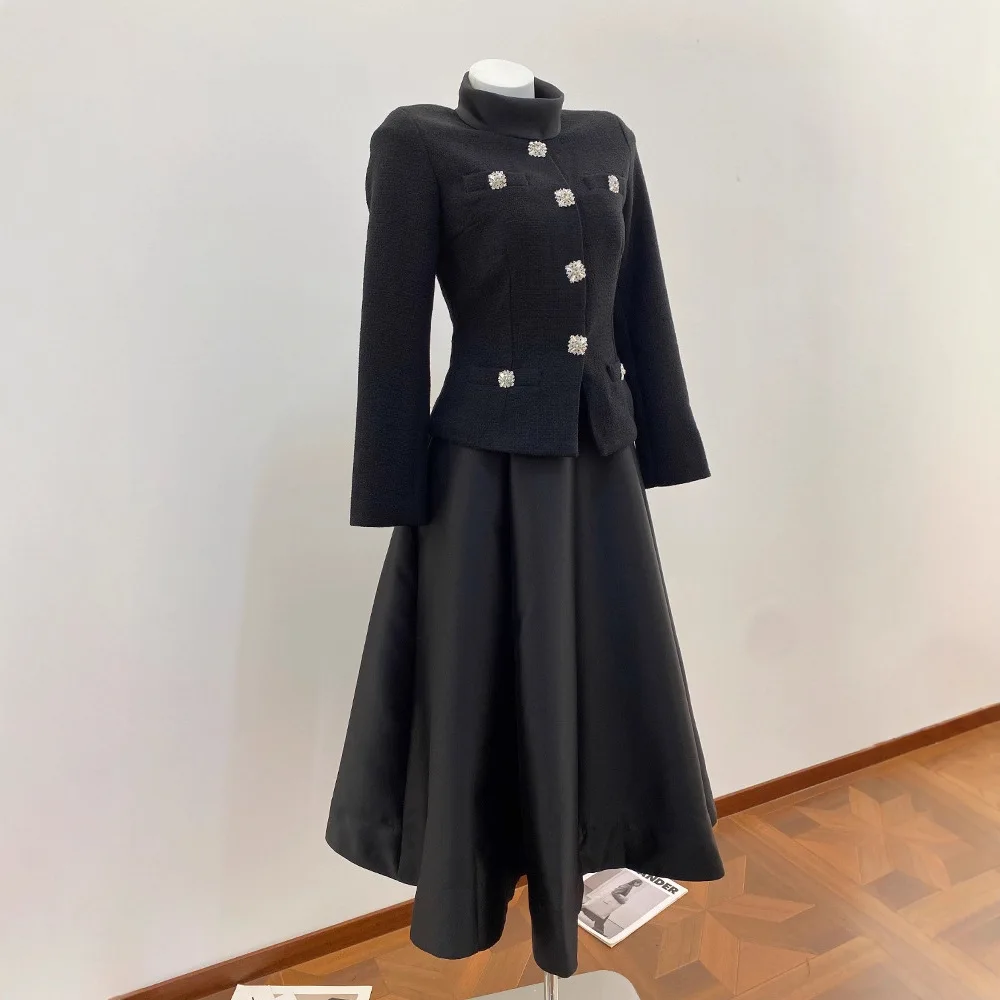 CHUJIE 2026 lente nieuwe elegante satijnen patchwork met diamanten versierde knopen, hoogwaardige lange avondjurk