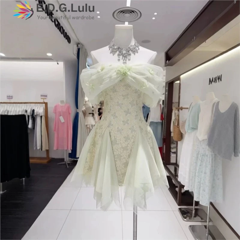 EDGLuLu Lace Splicing Mesh Asymmetric White Dress Woman Sexy Strapless Off Shoulder Short Sleeved Mini Party Dress 0507