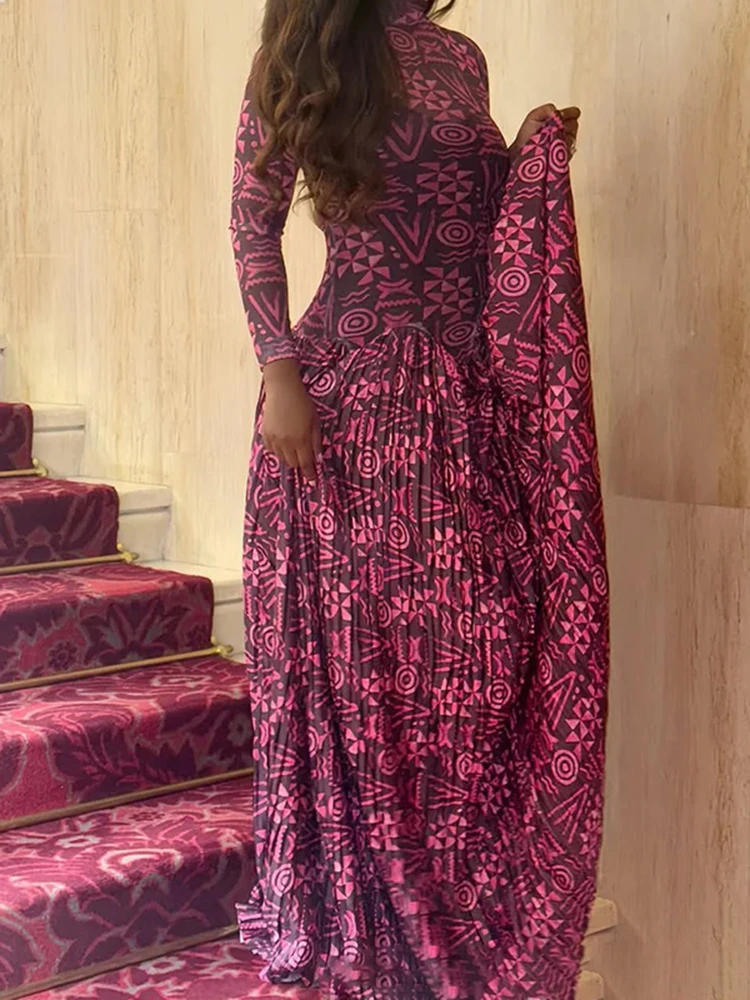 Women Elegant Turtleneck High Waist Long Dress Retro Pattern Print Slim Bodycon Maxi Dress Autumn Long Sleeves A-Line Boho Dress