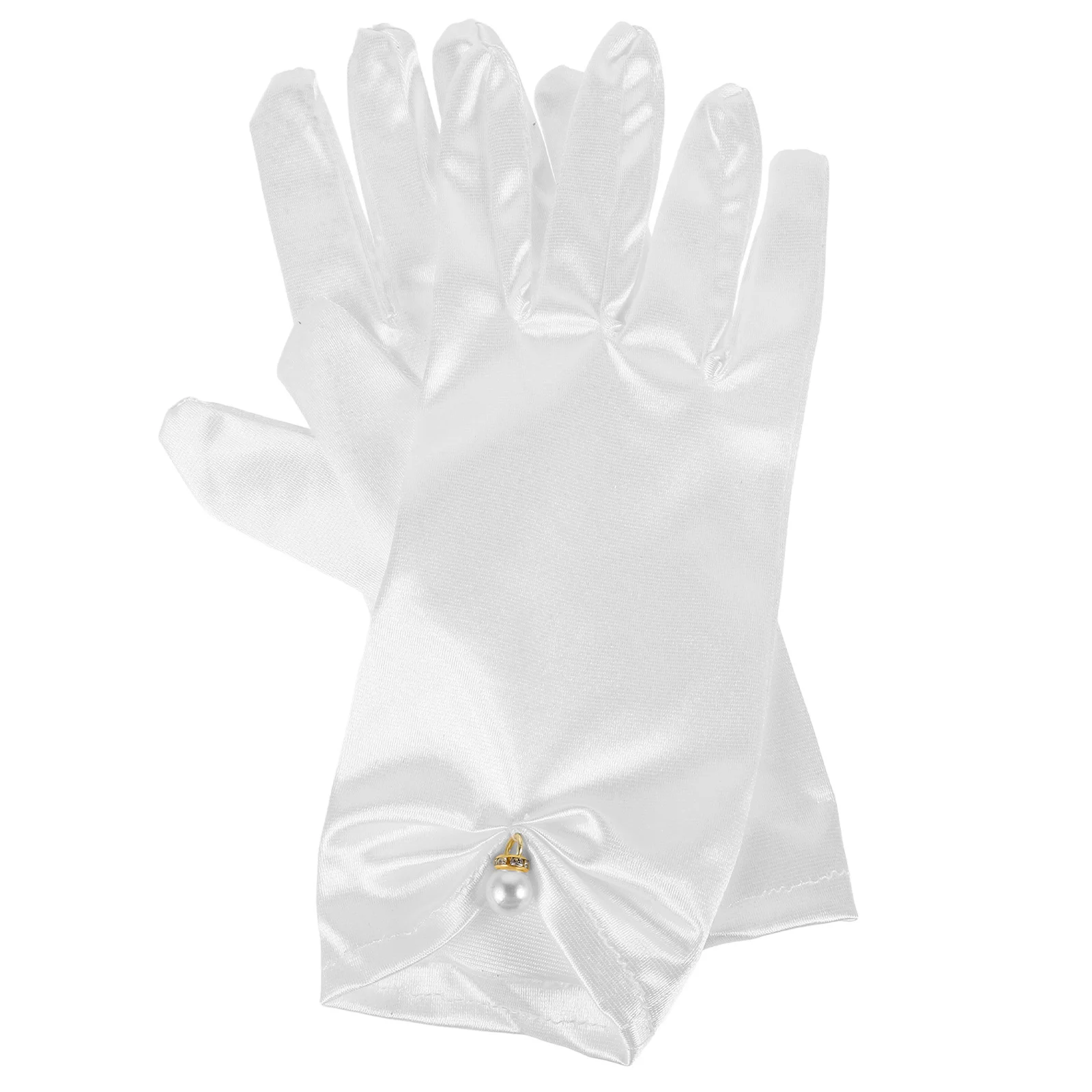 1 زوج قفازات الزفاف الدانتيل الأبيض قصيرة الساتان طول المعصم أنيقة القوس تصميم الزفاف التصوير الفوتوغرافي اللؤلؤ الديكور #6