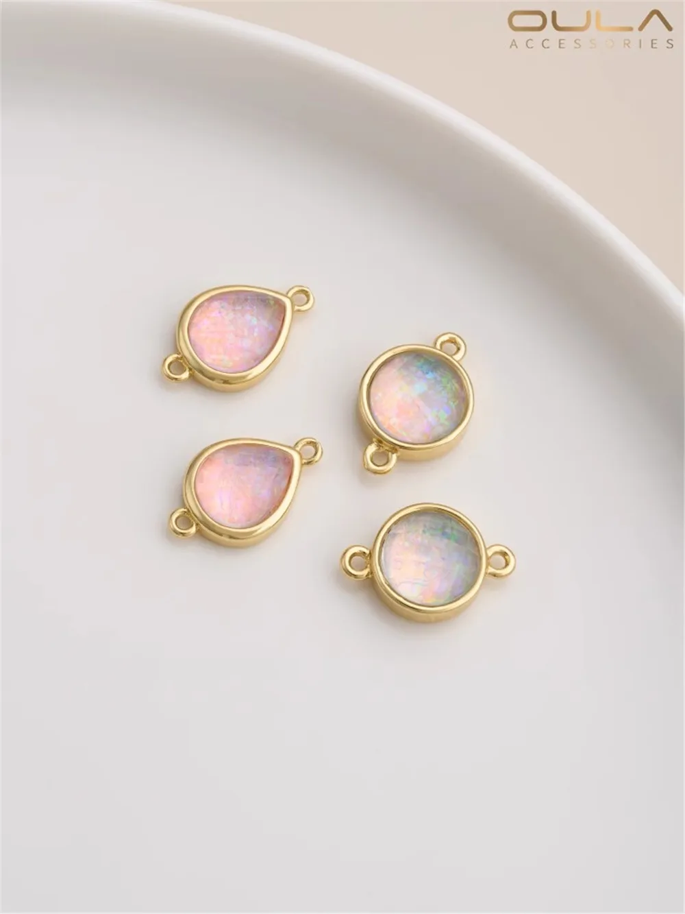 

14K Gold-Color Plated Inlaid with Color Opal Round Double Hanging Diy Bracelet Necklace Pendant Accessories