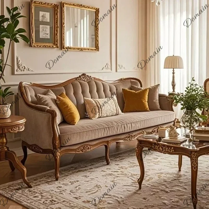 New Discount French solid wood carving flower retro three-person sofa European villa fabric tiger chair American straight row ho