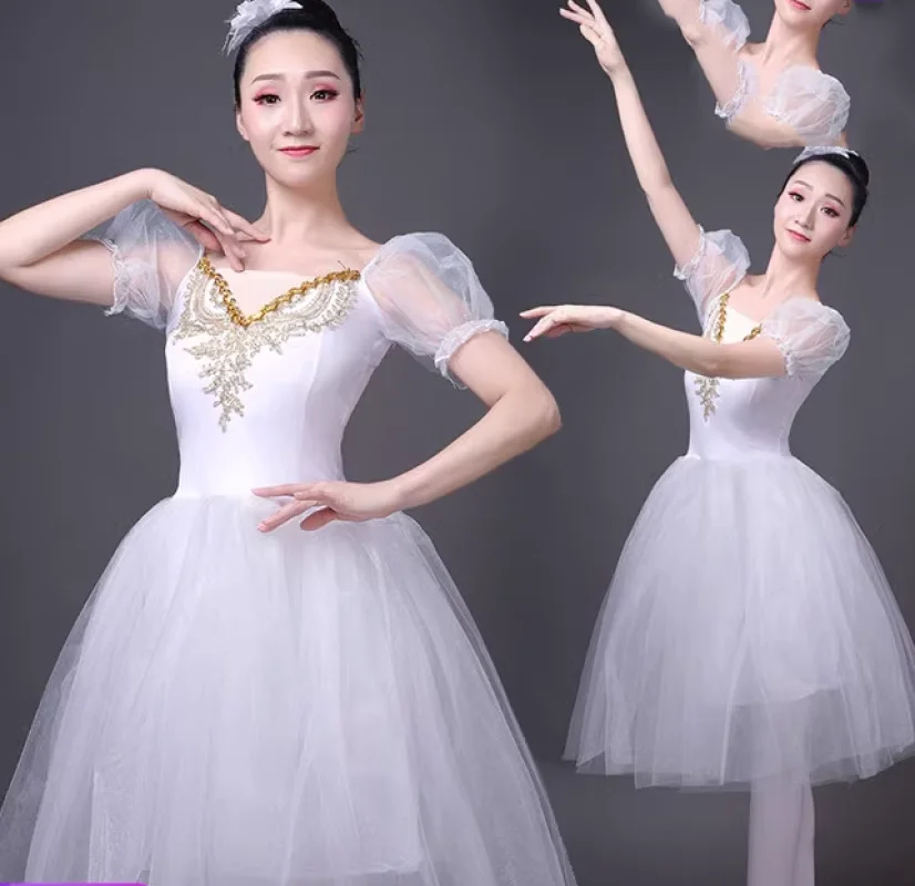 J60 Ballet Dresses Swan Lake Performance Blue Pink White Yellow Bubble Sleeve Dance Mesh Net Gauze Cocktail Dresses