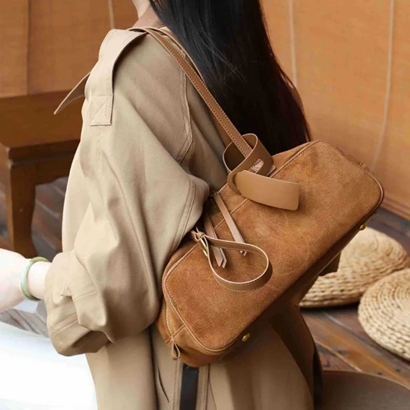 Women Vintage Frosted Genuine Leather Boston Bag Lady Luxury Designers Large Capacity Shoulder Bags Daily Versatile Handbag