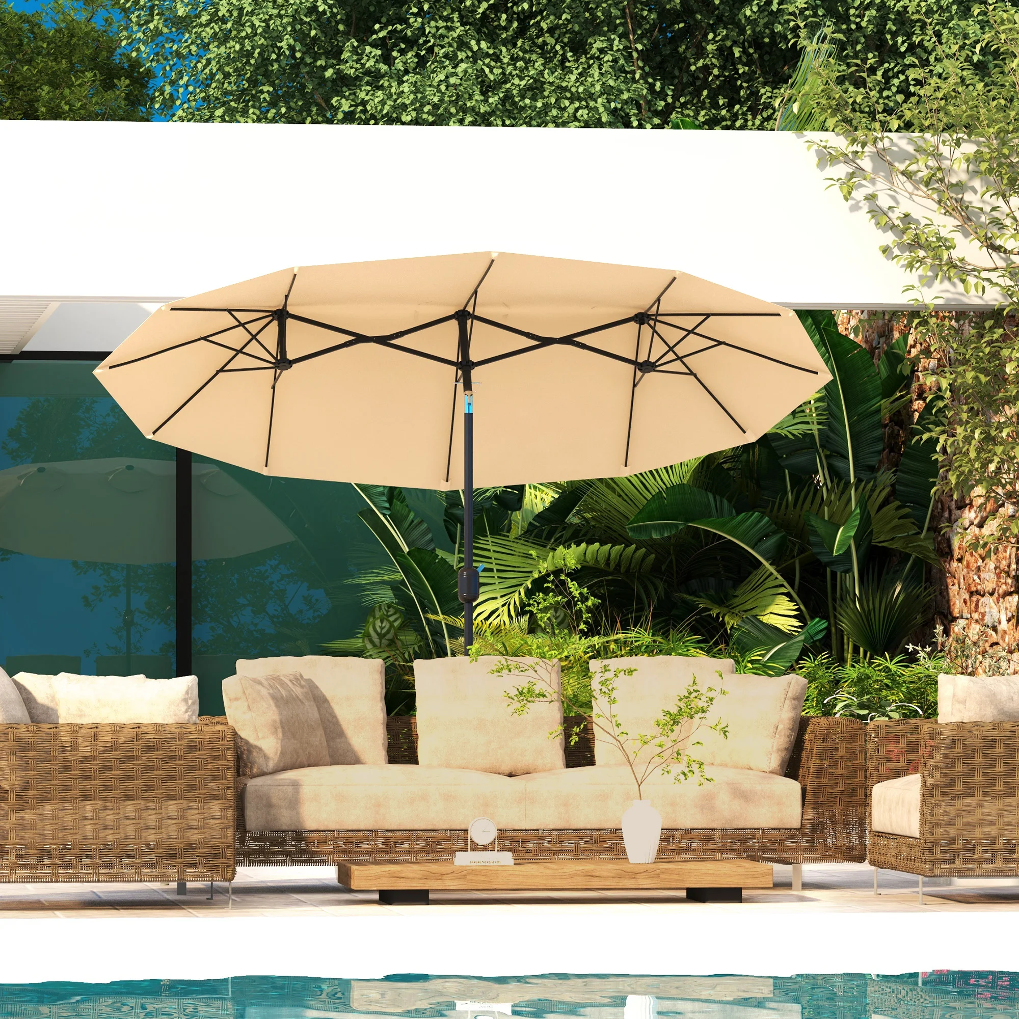 9.7' Double-Sided Patio Umbrella with 3 Air Vents, Tilt and Crank, Outdoor Umbrella, Brown