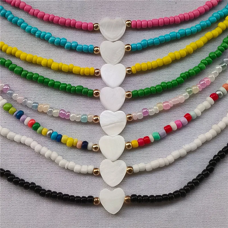 Handmade Multicolor Seed Beads Necklace for Women Multicolor Sweet Heart Pendants Necklace Summer Girls Choker Collar Fashion