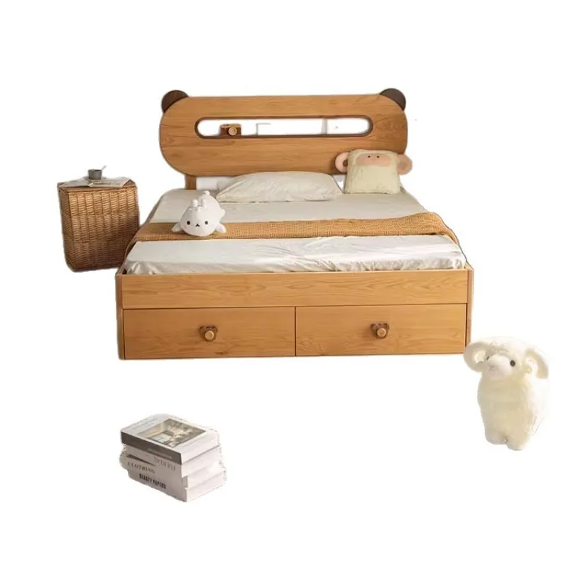

All solid wood cartoon children's bed, Nordic modern simple youth bed, small apartment high box air pressure drawer storage bed