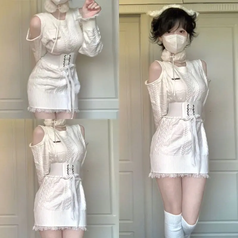 

Japan Off-Shoulder Waist-Cinching Knitted Dress For Women In Spring And Autumn New Age-Reducing And Slimming Hip-Hugging Skirt