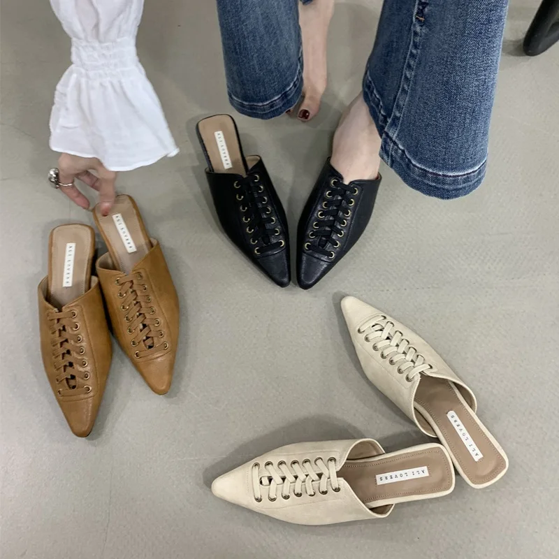 2026 New Spring Women Mules Shoes Fashion Weave Slides Pointed Toe Loafers Slip On Casual Shoes Flat Flip Flops Gold Sliver Shoe