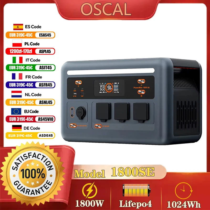 Station d'alimentation portable OSCAL PowerMax1800SE, générateur solaire 1800W, batterie LifePO4 1024Wh, alimentation de secours pour la maison, camping en plein air, alimentation mobile
