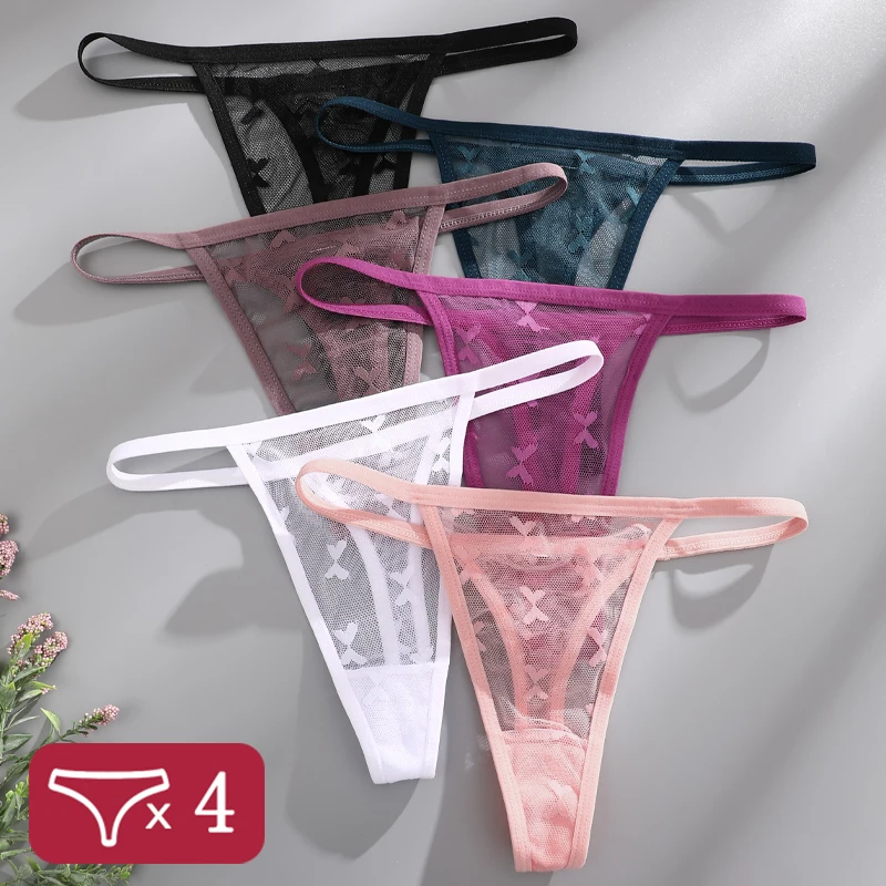 4Pcs/Set Women's Sexy Lace Perspective Thongs Solid Color Breathable Butterfly Elastic G-string Underwear Female Sexy Lingerie