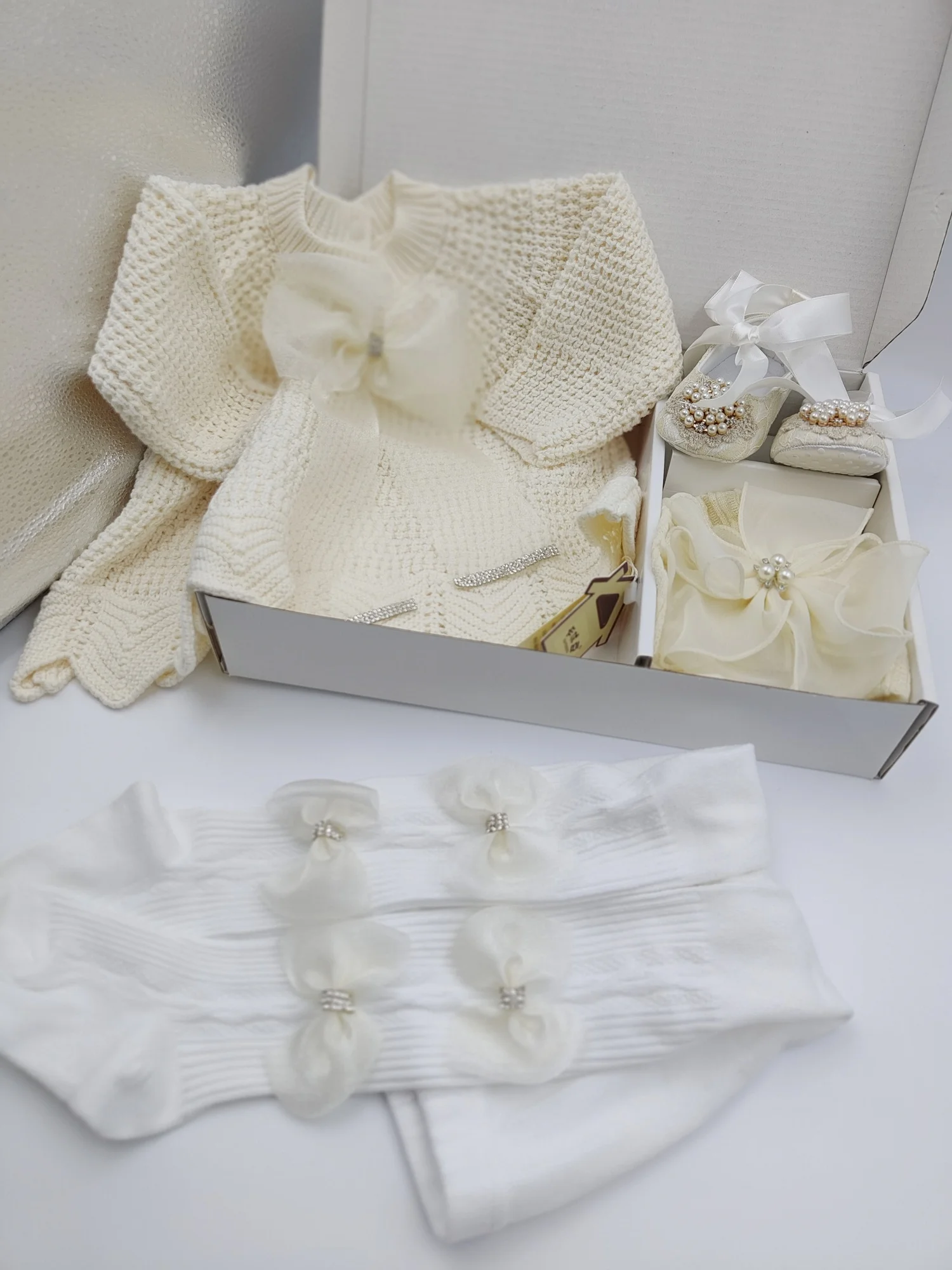 Dollbling Dubai Baby Winter Sweater Outfit Toddler Knitted Romper Crown Jewelry Onesie Cotton Jumpsuit and Turban Hat Set