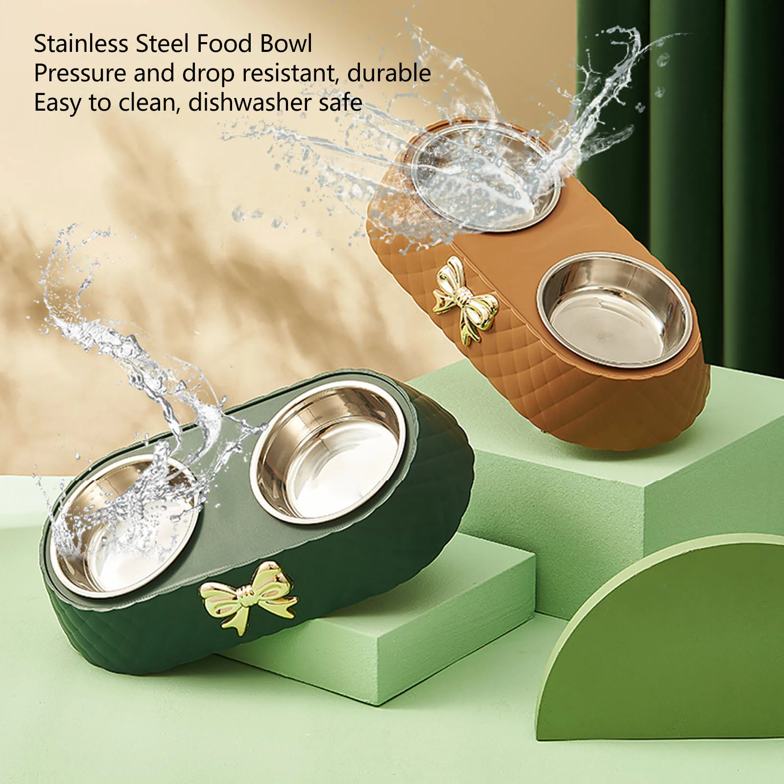 Double Pet Bowls Prevent Slip Stainless Steel Pet Food Water Bowls with Bowknot Decor Holder for Dog Cat