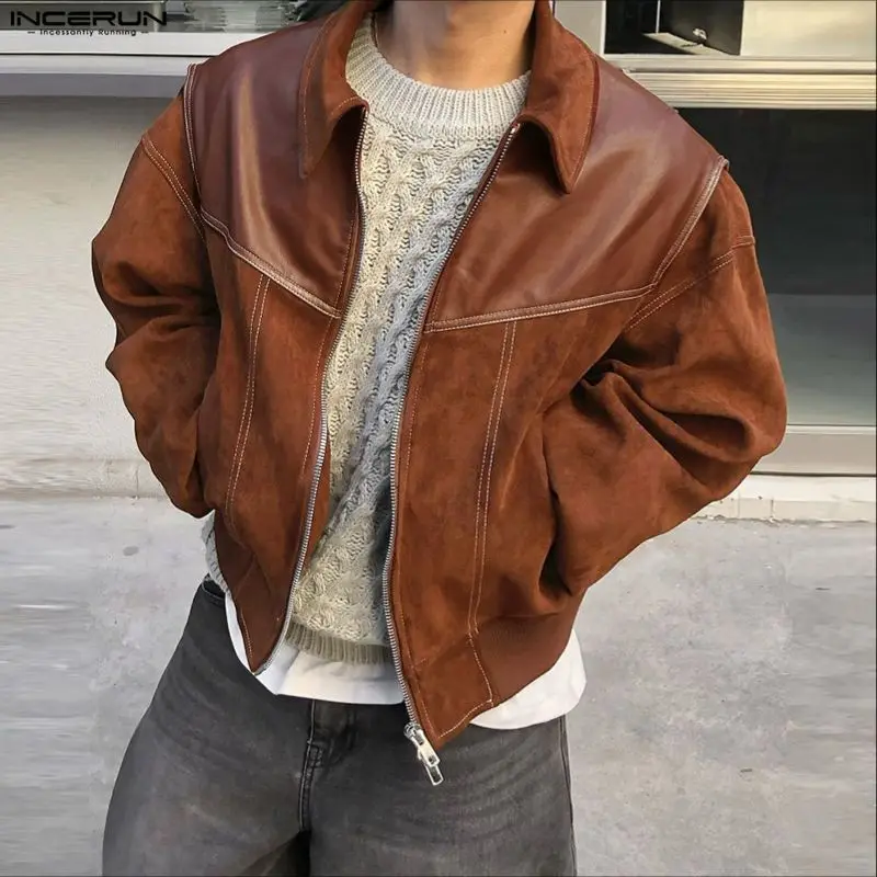 

INCERUN Men Jackets Patchwork Lapel Long Sleeve Zipper Fashion Male Coats Streetwear Fashion Casual Male Jackets Outerwear S-5XL