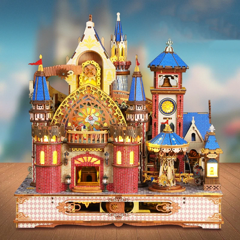 DIY 木製機械回転アンヌシー城ミニチュアモデルキットおとぎ話のヴィラ家具ライト付き友人へのクリスマスギフト