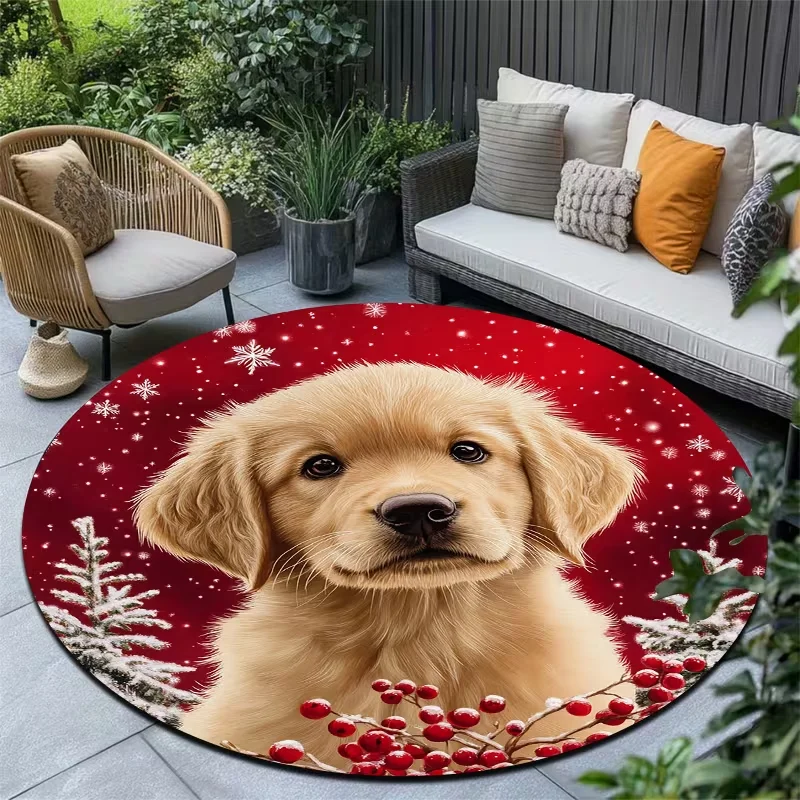 Christmas Golden Retriever Puppy Round Rug Snow Berry Pet Soft Circle Carpet for Holiday Bedroom Living Room Decor Floor Mat