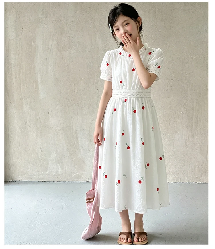 Mädchenkleid Sommer 2026 Süßes Niedliches Blumenmuster Kurzarm Rüschenkragen Weißes Kleid Kinderkleidung 110-170cm 20-50kg – Detail 10