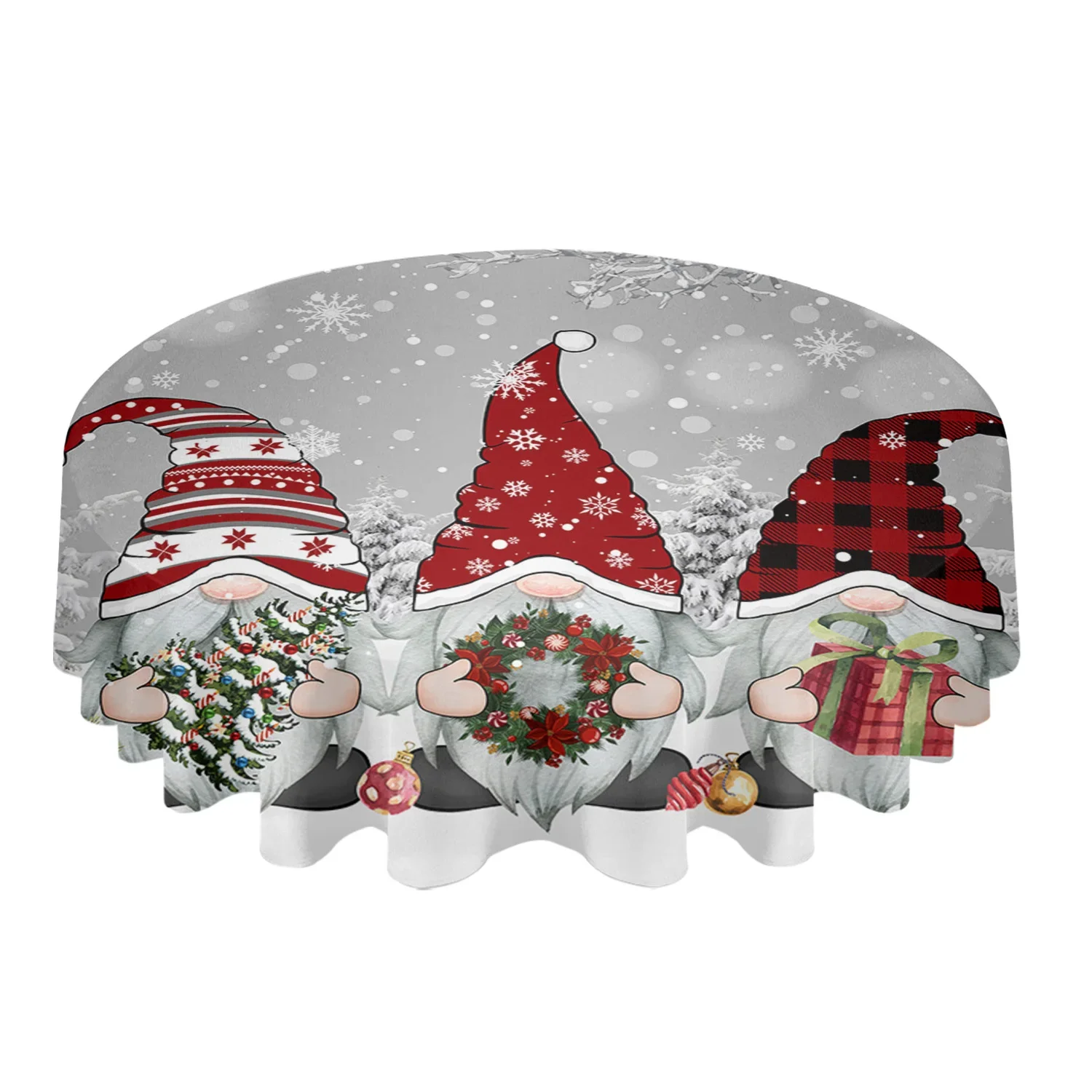 Christmas Snow Scene Snowflakes Gnome Grey Round Waterproof Tablecloth Decorative Table Cover Home Party Dining Room Table Cloth