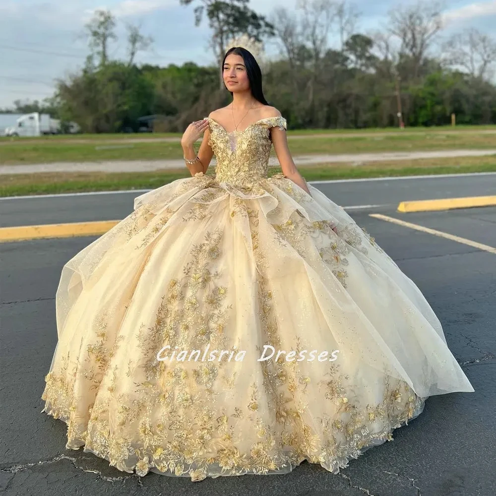 Angelsbridep-vestido De baile sin hombros para quinceañera, traje Formal De encaje con apliques De lujo para fiesta De princesa, 15 años