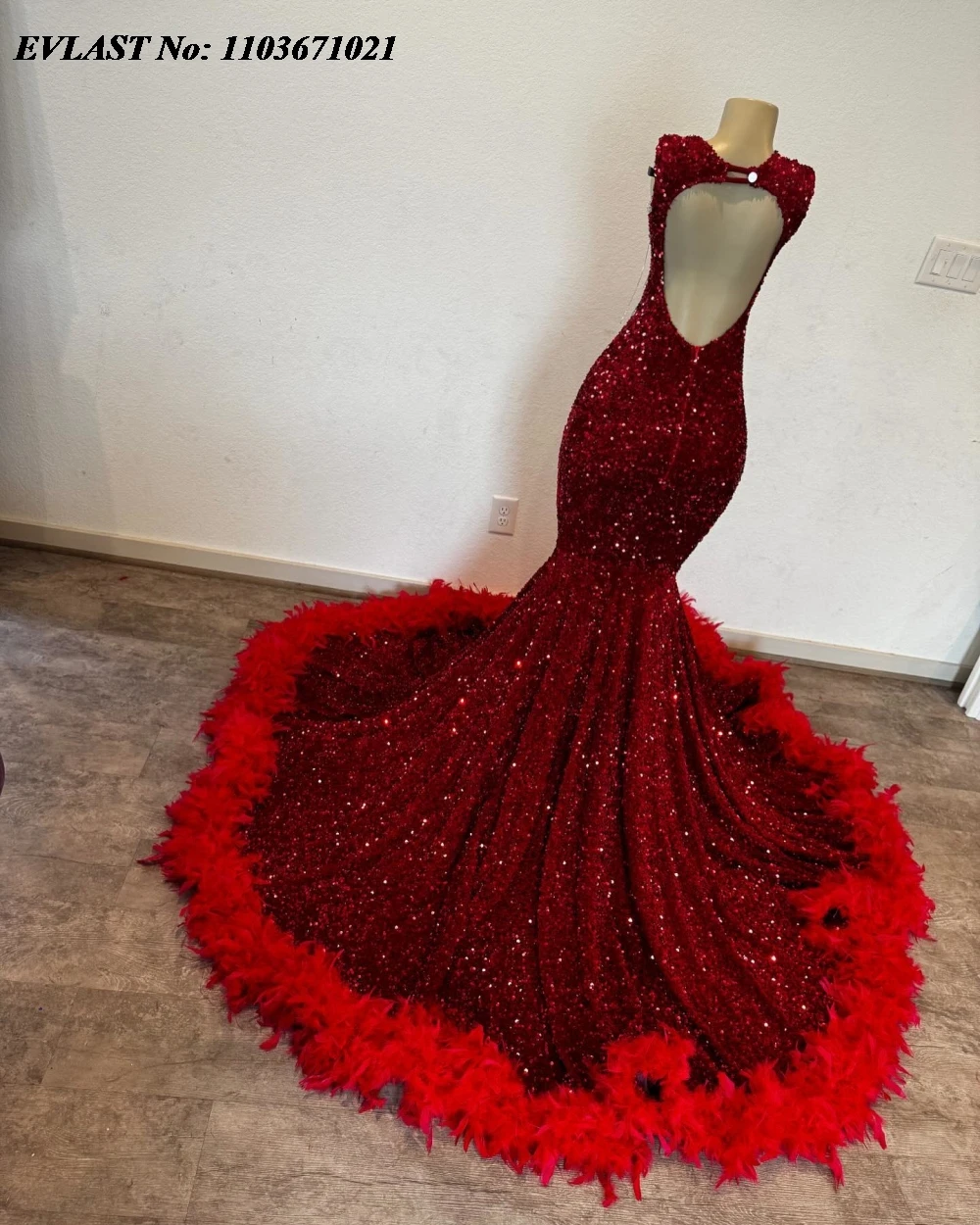 EVLAST Customized Red Sequins Feather Long Prom Dress For Black Girls Crystal Beaded African Formal Party Gala Gown Vestido P112