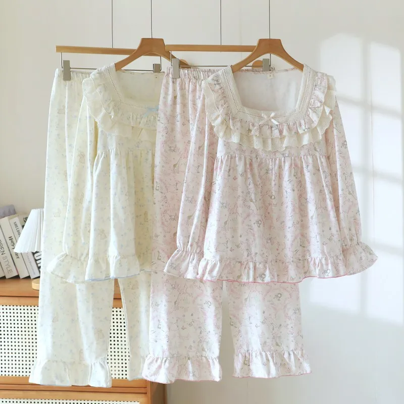 Square Collar Cotton Yarn Lace Pajamas Sweet Style Home Wear Pullover Pajamas Spring Summer new Long Sleeved Plus Size Sets