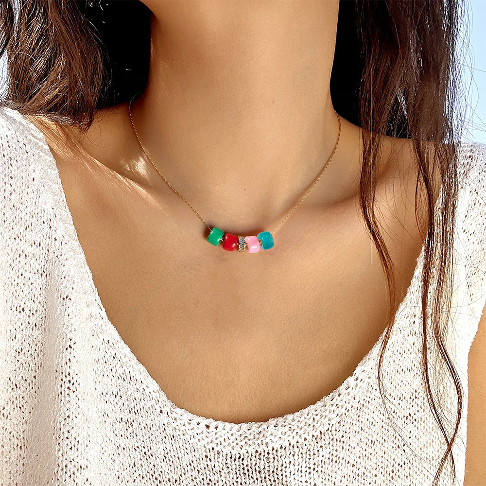 

Colorful Natural Stone Pendant Charm Stainless Steel Necklace For Women Geomstone Choker