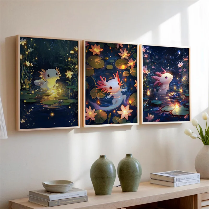 Modern Colourful Axolotl Salamander Underwater Poster Cute Animal Cartoon Canvas Painting Wall Art for Living Room Home Decor
