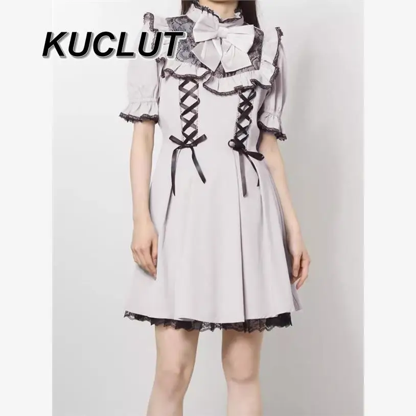 

Japanese Style Sweet Ribbon Bow Summer Short Sleeve Dress Femme Elegant Lolita Lace Casual Dresses for Women 2025 New