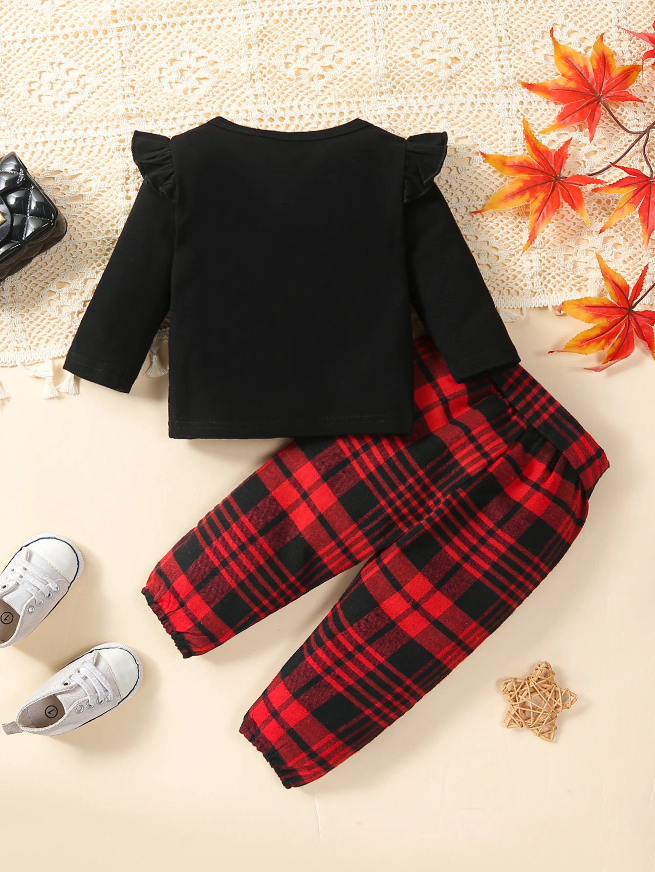 Baby Girls Love Embroidered Long Sleeve Round Neck Top And Black Red Checkered Pants Set with Belt