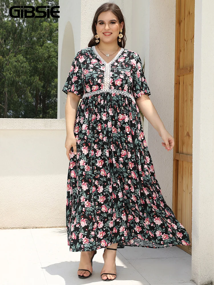 GIBSIE Plus Size Floral Print Boho Loose Beach Dress Women Summer Contrast Lace V Neck Short Sleeve Holiday Split Maxi Dresses