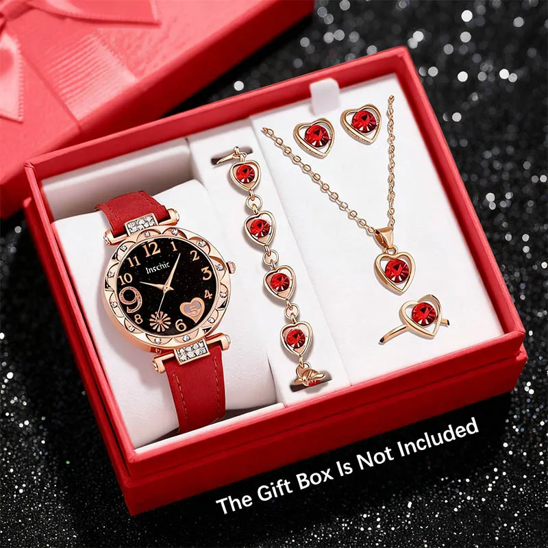 6PCS Simple and Stylish Ladies' Watch PU Leather Strap Quartz Watch with Necklace Accessories Set