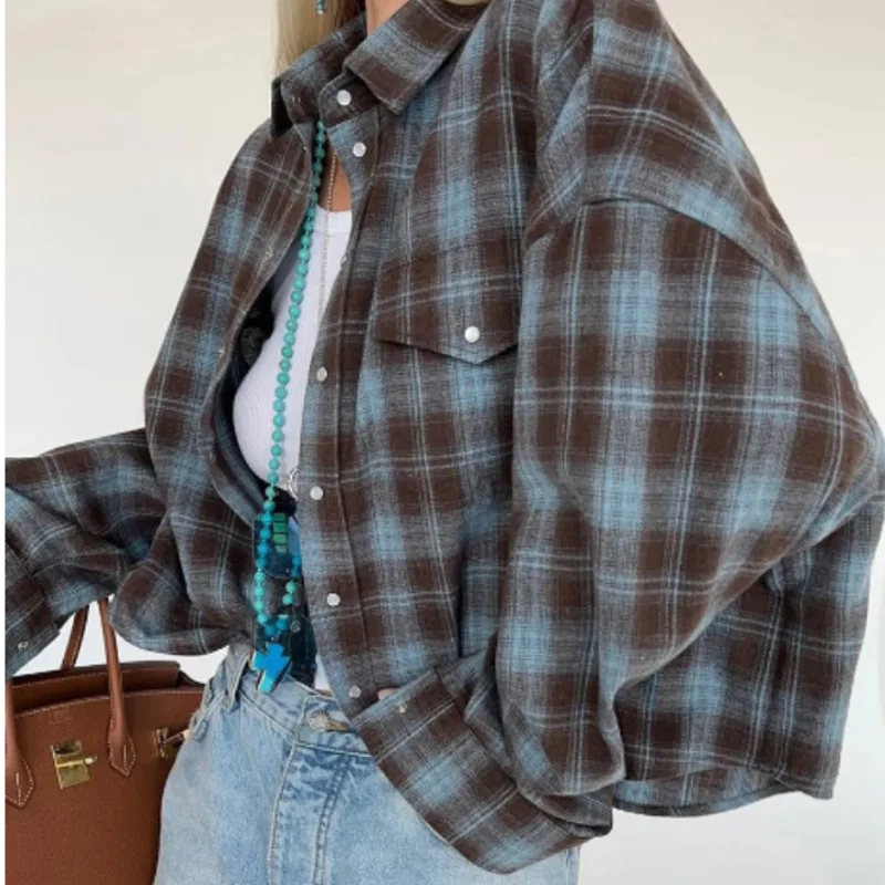 Oversized Vintage Long Sleeve Plaid Shirt Women 2024 Autumn Fashion Loose Lapel Pocket Coat Fit Blouse Korean Style Streetwear