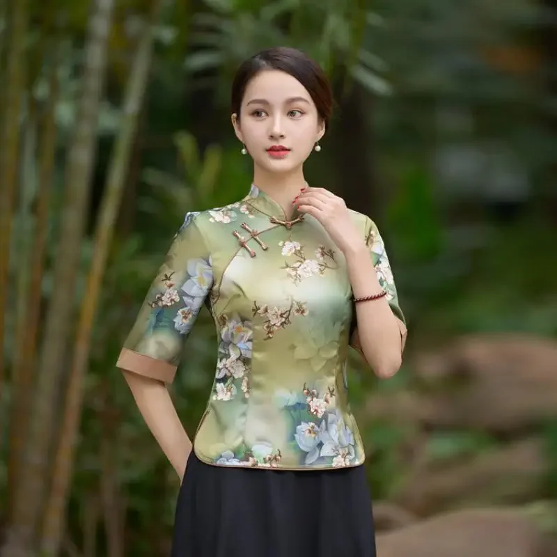 

Атласные топы Qipao, женская элегантная блузка, рубашка Cheongsam с цветочным принтом, традиционный костюм Тан в китайском стиле, весна-лето, новый костюм