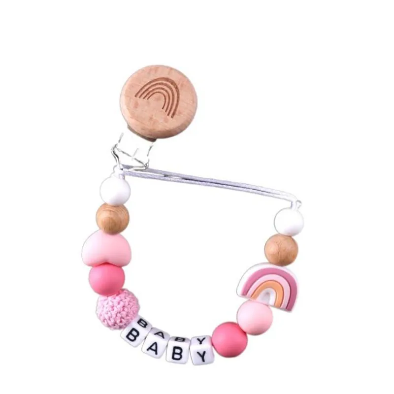 Custom Name Handgemachte Personalisieren Dummy Clips Schnuller Clips Halter Baby Silikon Regenbogen Schnuller Halter Kette Baby Beißring Geschenk