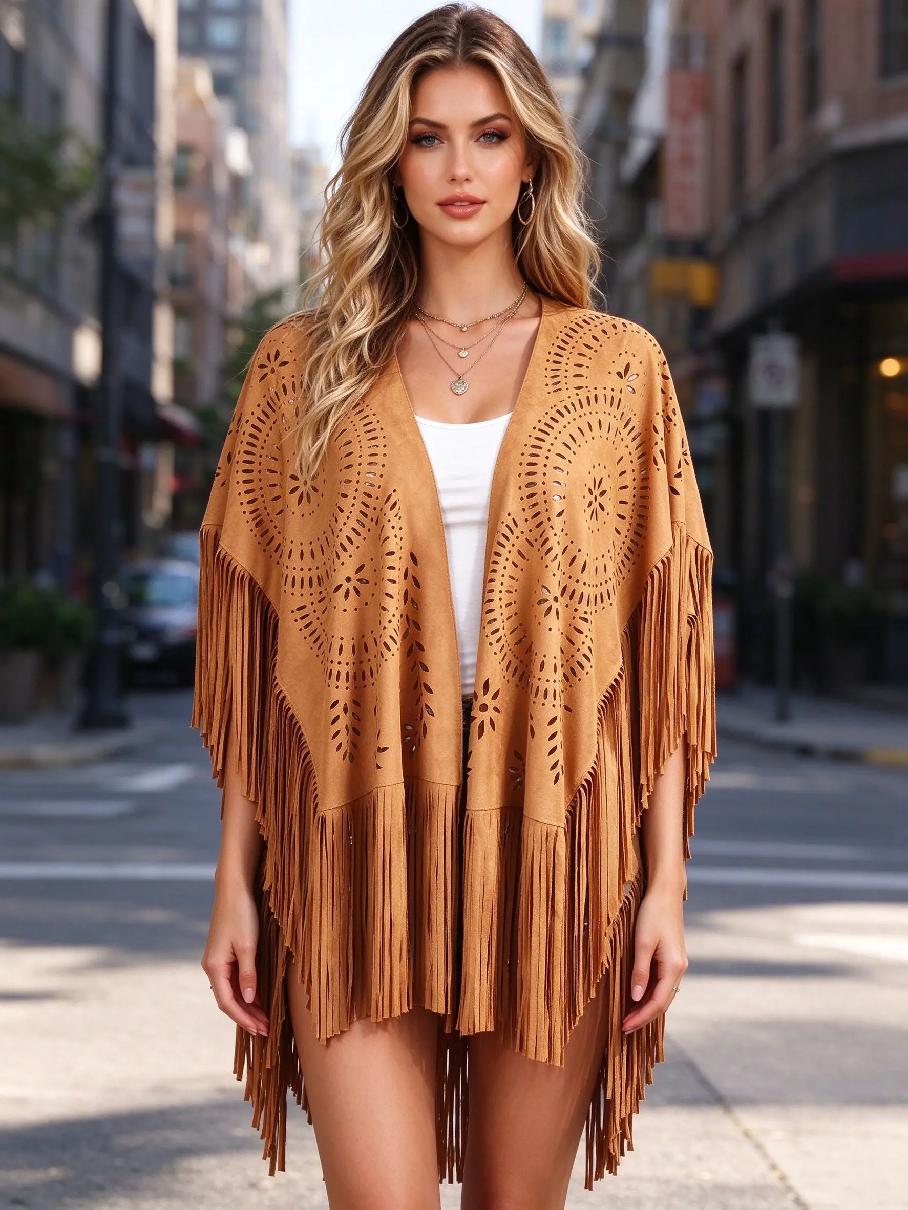 Elegant Boho-chic Faux Suede Women's Open Poncho Cape Shawl Graceful Fringes V-Shape Hems Soft Fabric