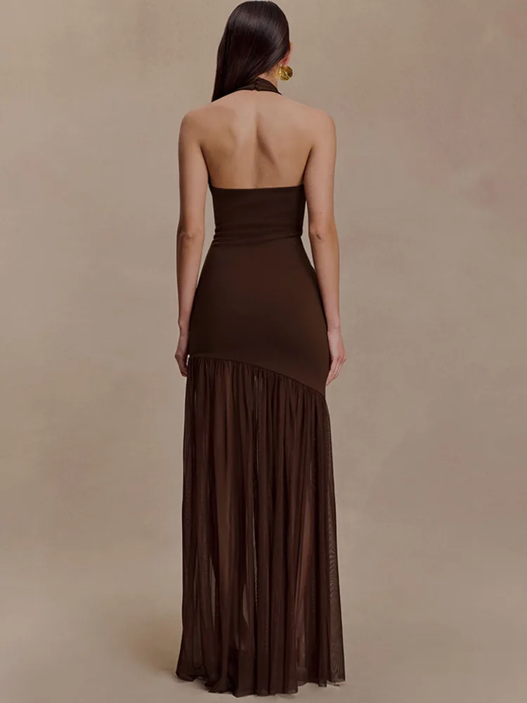 Sibybo Sexy Hollow Out Sleeveless Maxi Dress Women Halter V Neck Backless Patchwork Bodycon Elegant Dresses Female Party Vestido