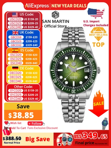 Imagen 1 del producto Reloj de buceo San Martin de 37,5mm para hombre Miyota 9015, esfera esmaltada Sunburst, relojes mecánicos automáticos de lujo, resistente al agua 200m SN0148