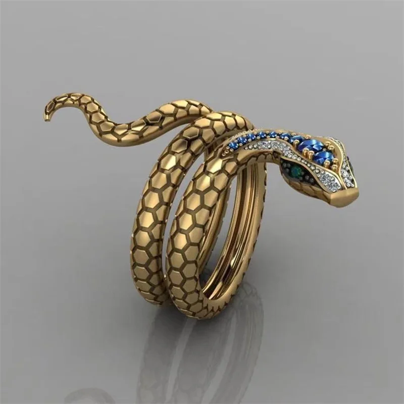 Retro Alloy Snake Ring Adjustable Rhinestone Python Ring Men Women Punk Jewelry