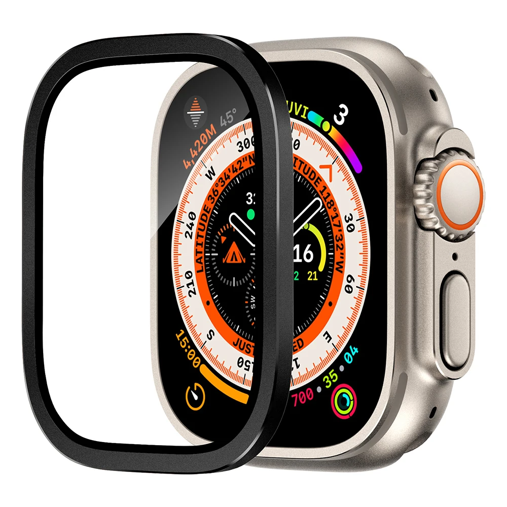 Gehärtetes Glas für Apple Watch Ultra 3 2 49 mm Displayschutzfolie, kratzfest, HD-Vollfolie, Metall-Stoßfänger, iWatch 49 mm Zubehör